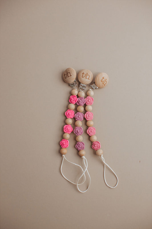 Grande Rosette Pacifier Clip - BPA Free Silicone & Natural Beech Wood